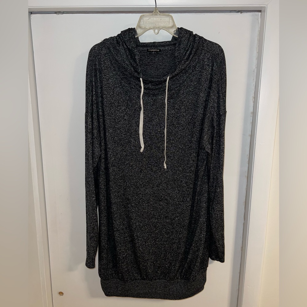 Size L, Express, tunic sweater with a hood. A dark charcoal color.